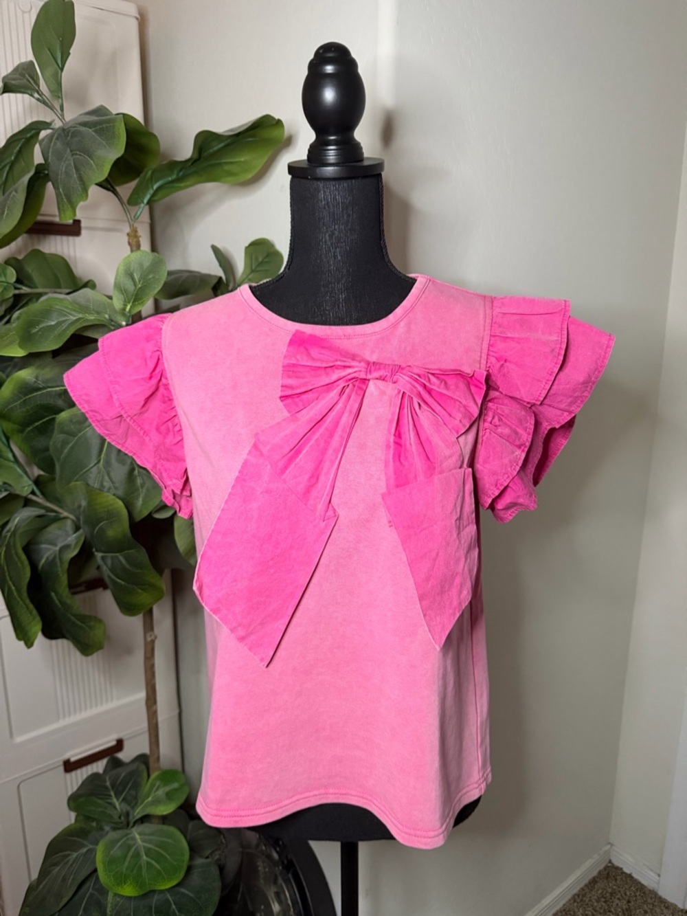 Stone washed Pink Ruffle Sleeve Top with Front Bow